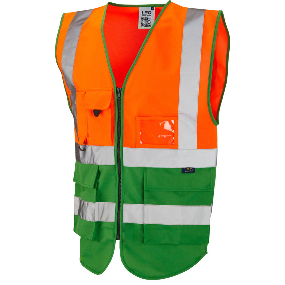 Leo Workwear EcoViz Lynton Hi-Vis Waistcoat Orange Green Recycled Polyester