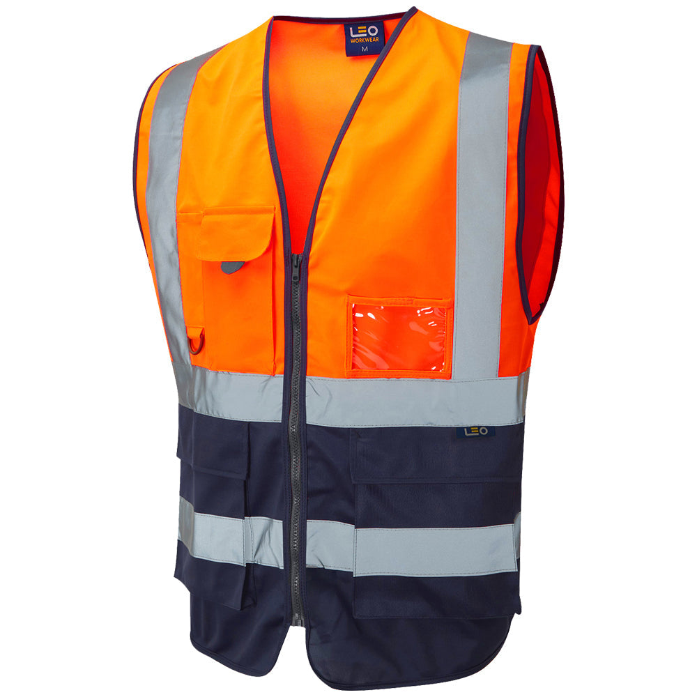 Leo Workwear EcoViz Lynton Hi-Vis Waistcoat Orange Navy Recycled Polyester