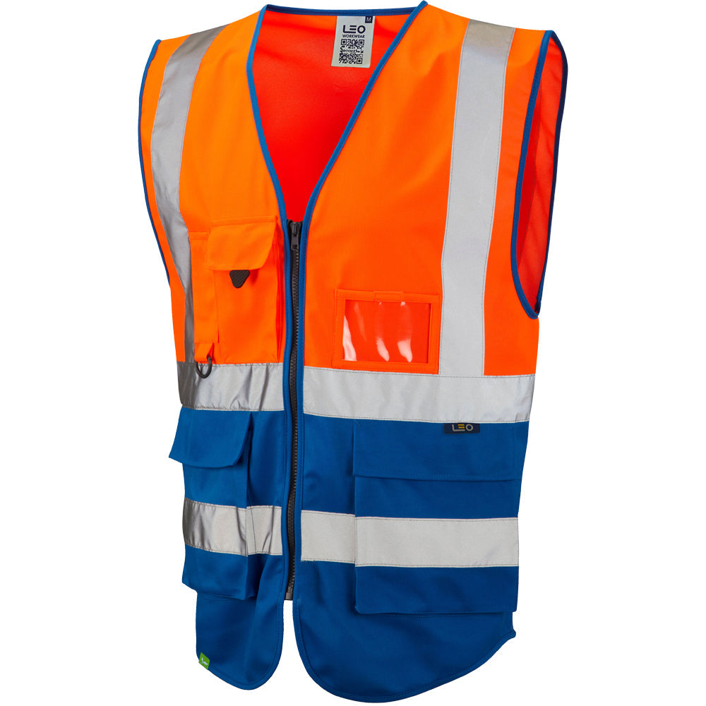Leo Workwear EcoViz Lynton Hi-Vis Waistcoat Orange/Royal XS-6XL Recycled