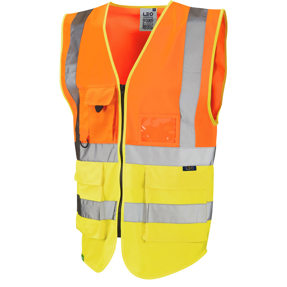 Leo Workwear EcoViz Lynton Hi-Vis Waistcoat Orange Yellow Recycled Polyester