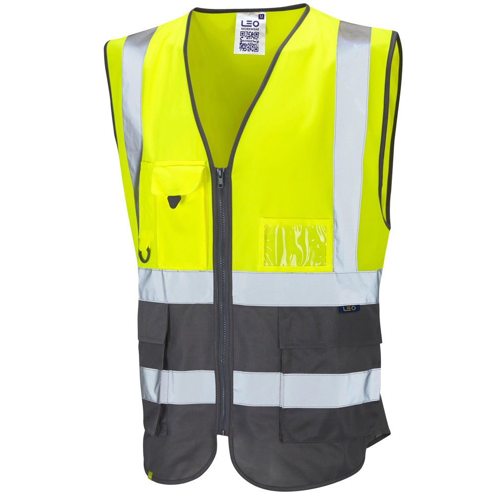 Leo Workwear Lynton EcoViz Hi-Vis Waistcoat Yellow Grey Recycled Poly XS-6XL
