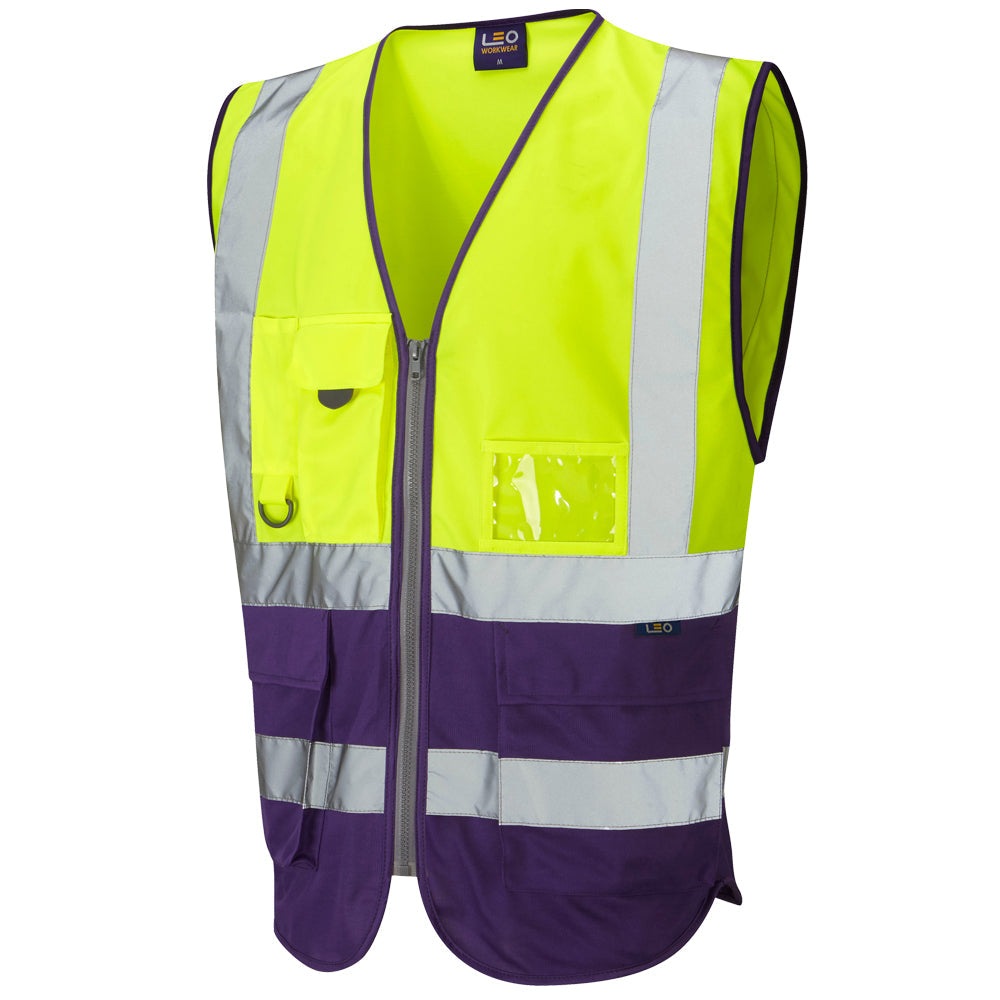 Leo Workwear Lynton EcoViz Hi-Vis Waistcoat Yellow/Purple XS-6XL Reflective