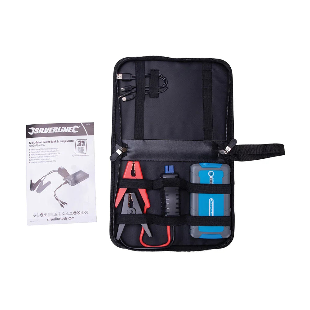 Silverline 12V Lithium Jump Starter Powerbank 400A with USB Torch & Cables