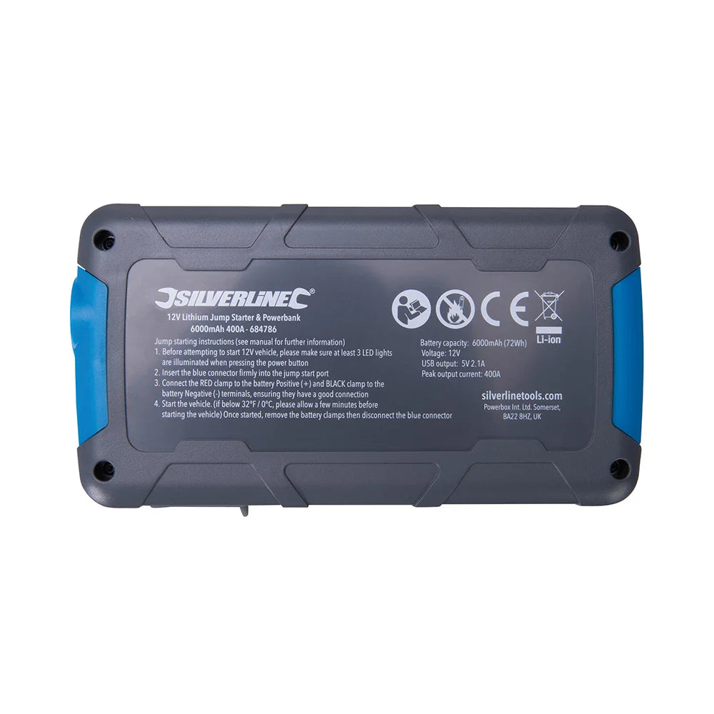 Silverline 12V Lithium Jump Starter Powerbank 400A with USB Torch & Cables