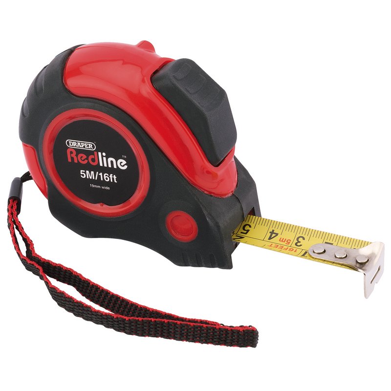 Draper Tools Redline Measuring Tape 5m/16ft Soft Grip Auto Lock Belt Clip