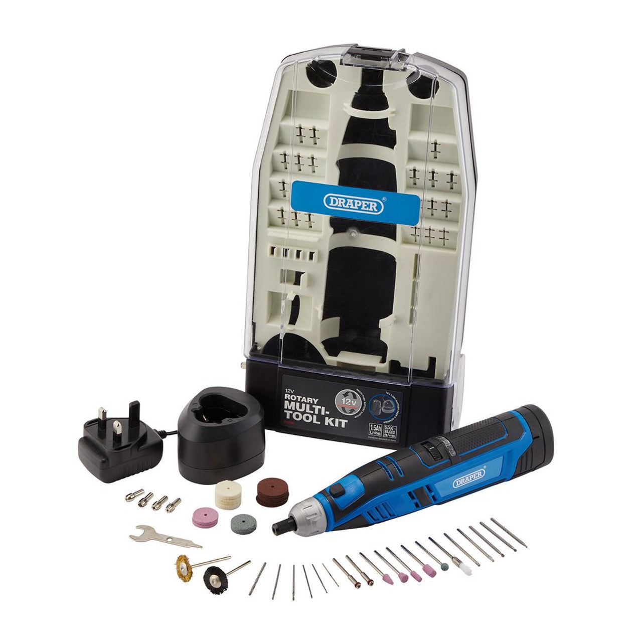 Draper 12V Rotary Multi-Tool Kit with 50 Accessories, 1.5Ah Battery & Charger