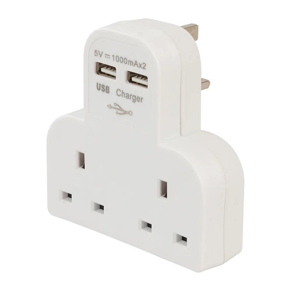Powermaster Dual Socket T Adapter with 2 USB Ports 2.1A Compact Charger
