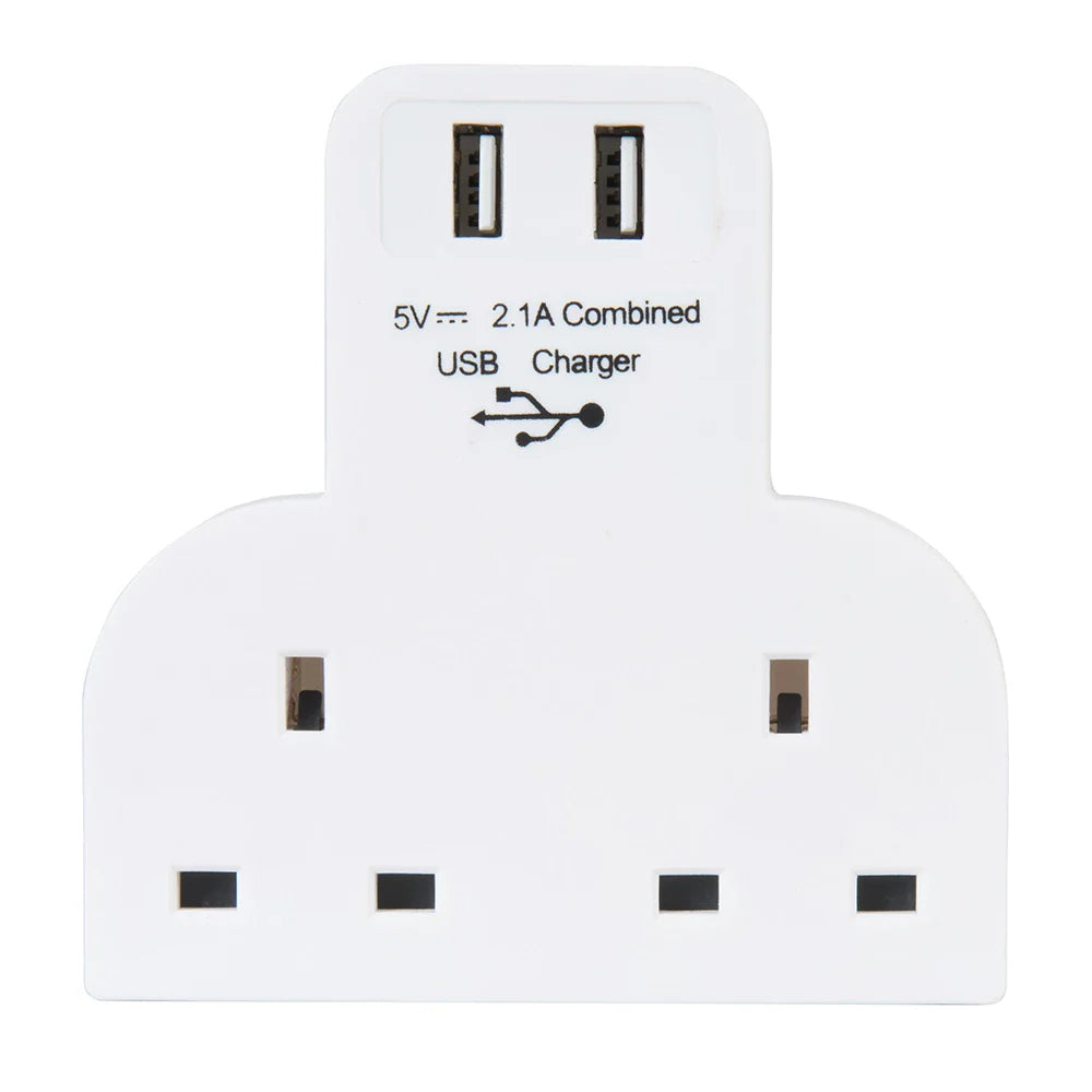 Powermaster Dual Socket T Adapter with 2 USB Ports 2.1A Compact Charger