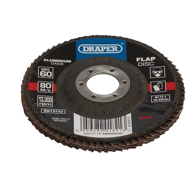 Draper Tools 115mm Aluminium Oxide Flap Disc 60 Grit for Angle Grinders