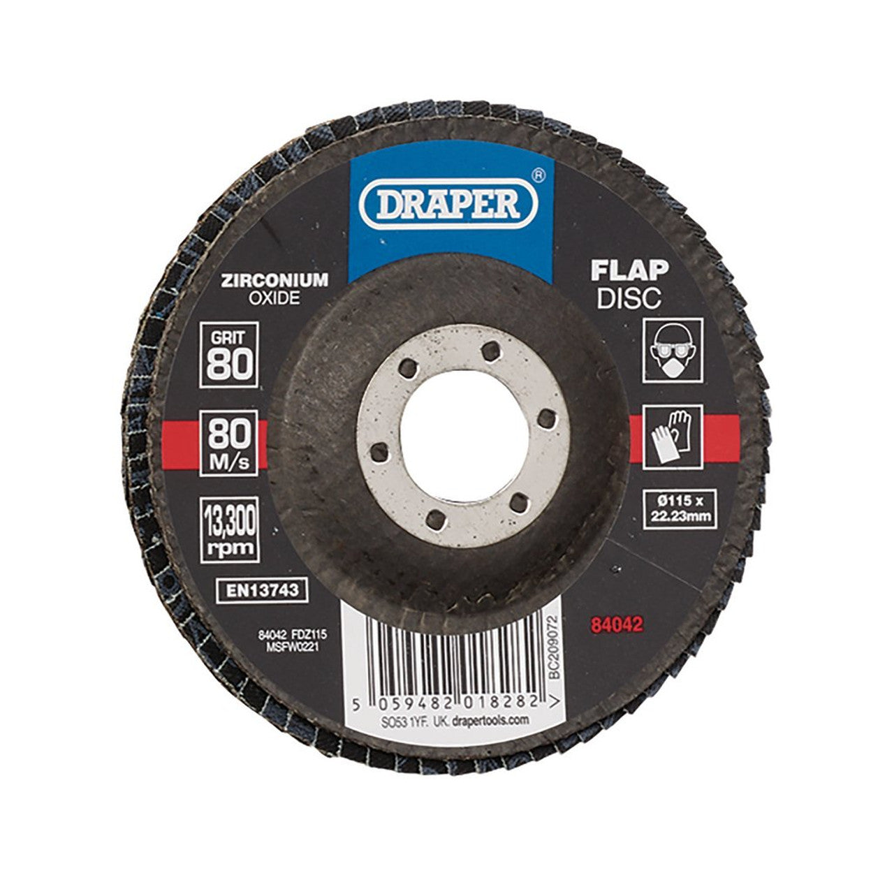 Draper Tools Zirconium Oxide Flap Disc 115mm 80 Grit for Metal Wood Grinding