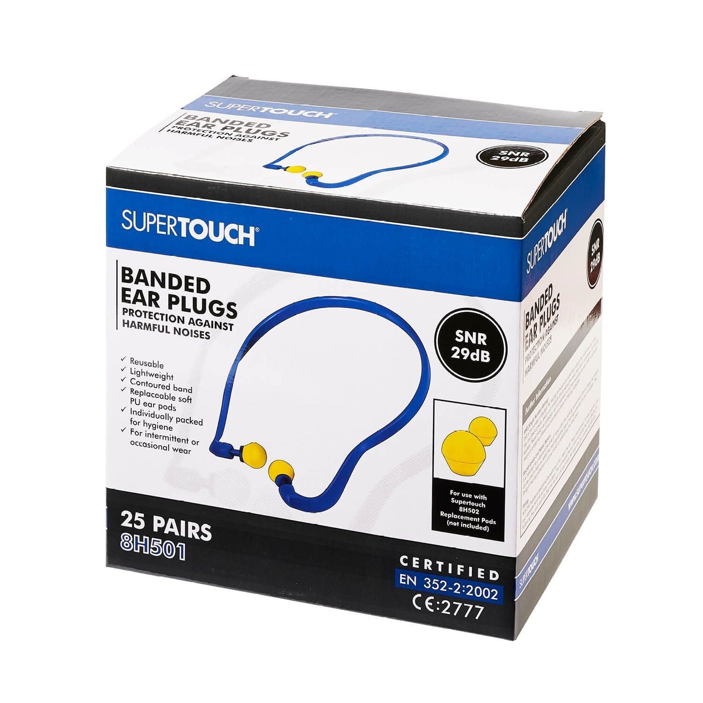 Supertouch Banded Ear Plugs Lightweight Reusable 29dB Noise Protection 25 Pack