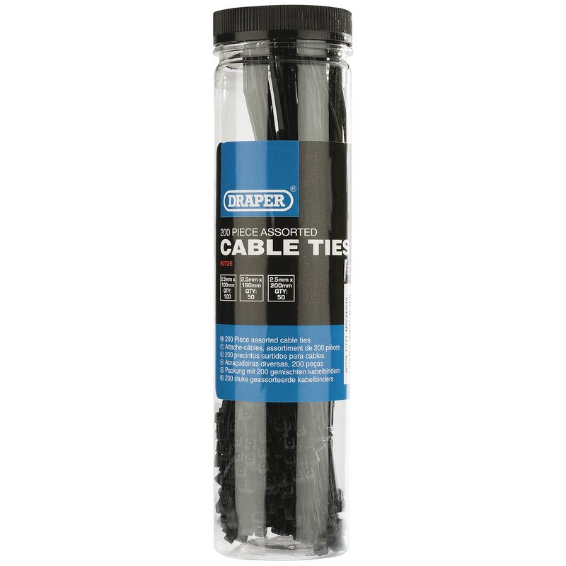 Draper 200 Assorted Nylon Cable Ties Pack for Home Garage Workshop Use