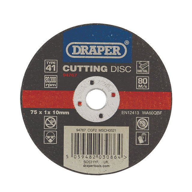 Draper Tools 75mm Metal Cutting Disc 1mm Ultra-Thin Aluminium Oxide 10mm Bore