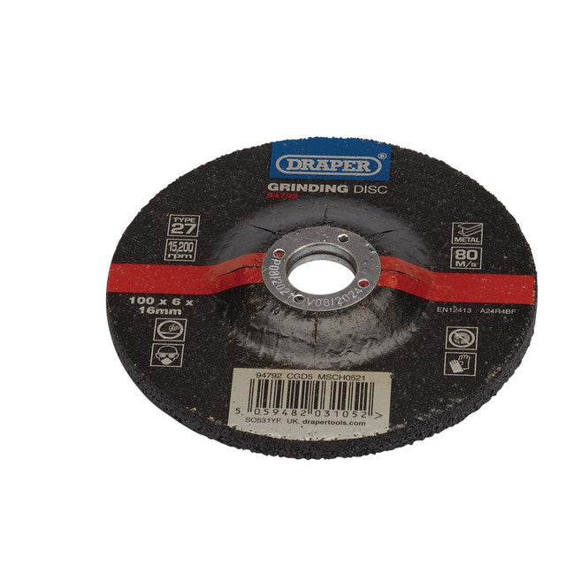 Draper Tools DPC Metal Grinding Disc 100mm x 6mm x 16mm Aluminium Oxide