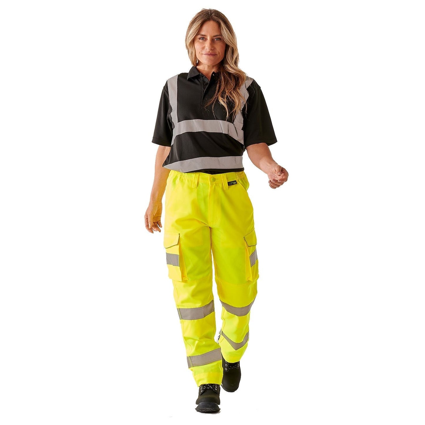 Supertouch Ladies Hi Vis Yellow Hana Combat Trousers with Knee Pad Pockets