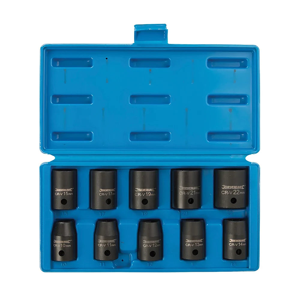 Silverline 1/2" Drive Impact Socket Set 10Pce 6Pt Metric Chrome Vanadium