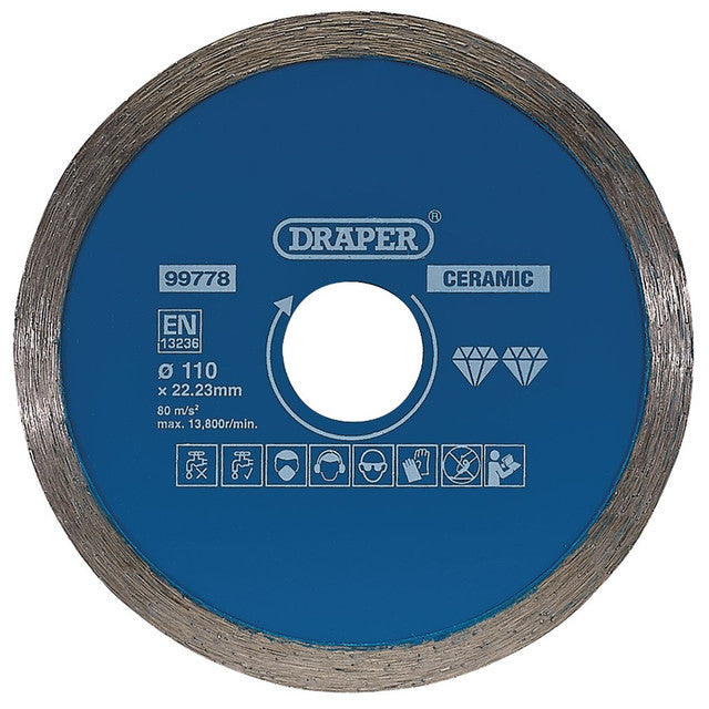 Draper Tools 110mm Continuous Diamond Blade for Ceramic & Stone Cutting
