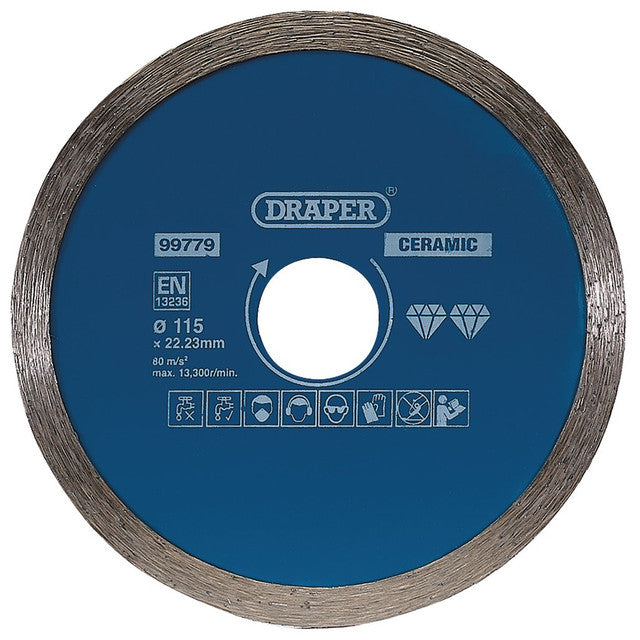 Draper Tools 115mm Continuous Diamond Blade for Ceramic & Stone Cutting