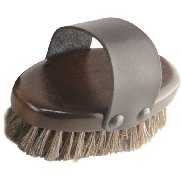 HY HySHINE Deluxe Horse Hair Wooden Body Brush with Leather Strap