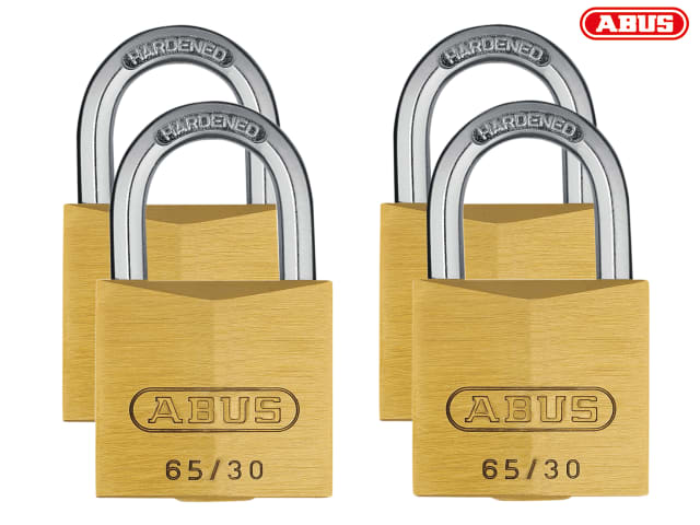 ABUS 65/30mm Brass Padlock Quad Pack + Hardened Steel Shackle Security Level 4