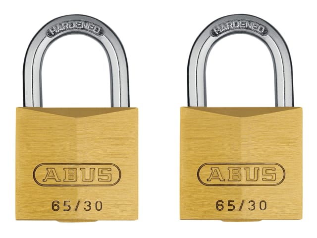 ABUS 65/30mm Brass Padlock Twin Pack + Hardened Steel Shackle Security Level 4