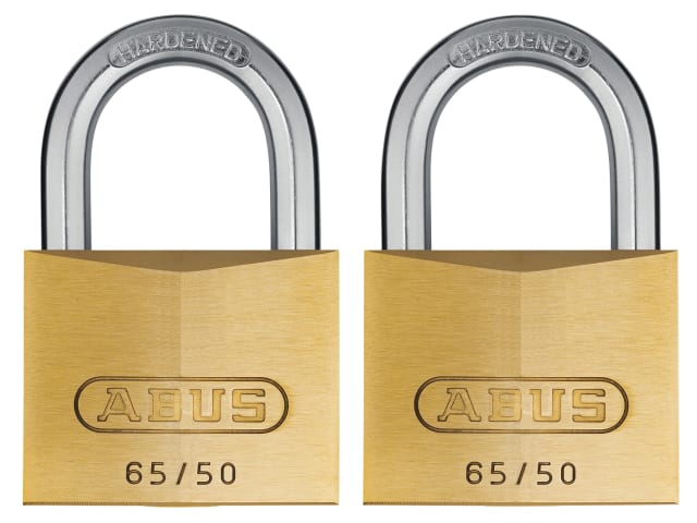 ABUS 65/50mm Brass Padlock Twin Pack + Hardened Steel Shackle Security Level 6
