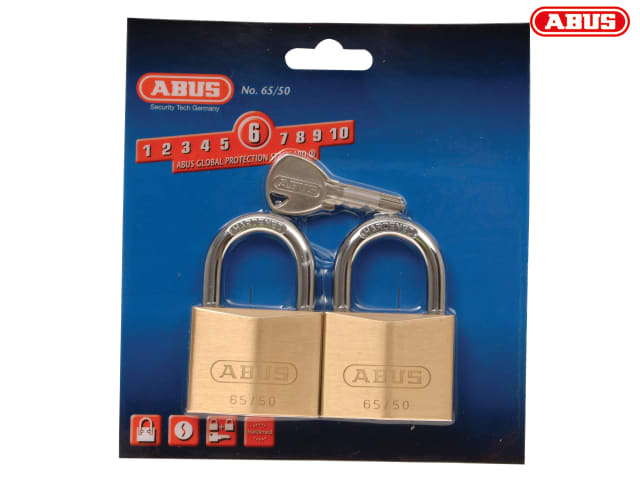 ABUS 65/50mm Brass Padlock Twin Pack + Hardened Steel Shackle Security Level 6