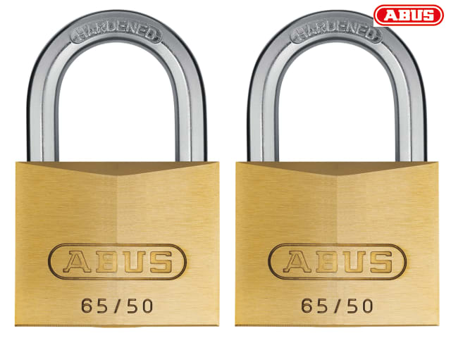 ABUS 65/50mm Brass Padlock Twin Pack + Hardened Steel Shackle Security Level 6