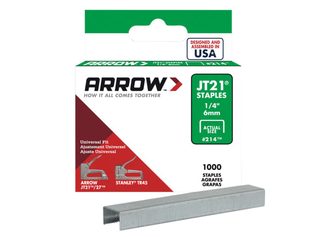 Arrow JT21 T27 Staples 6mm 1/4in Box of 1000 for JT21 Staple Gun