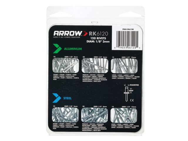 Arrow RK6120 Multi Rivet Pack 120 Assorted Aluminium Steel Rivets