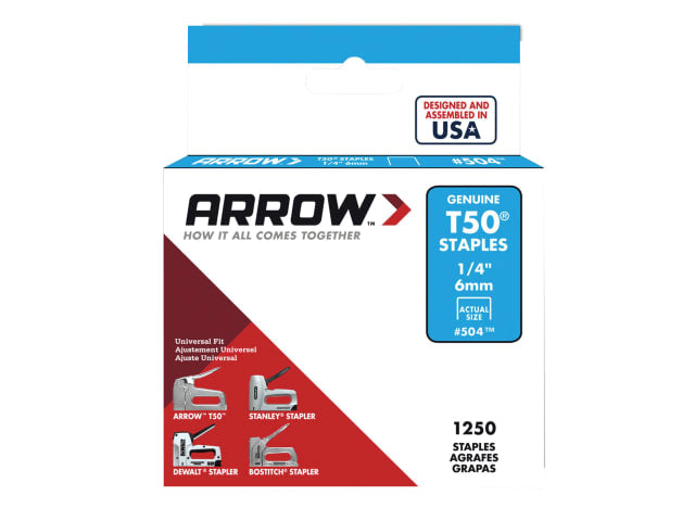 Arrow T50 Staples 6mm 1/4in Box of 1250 for T50 T55 Tackers Quality Staples