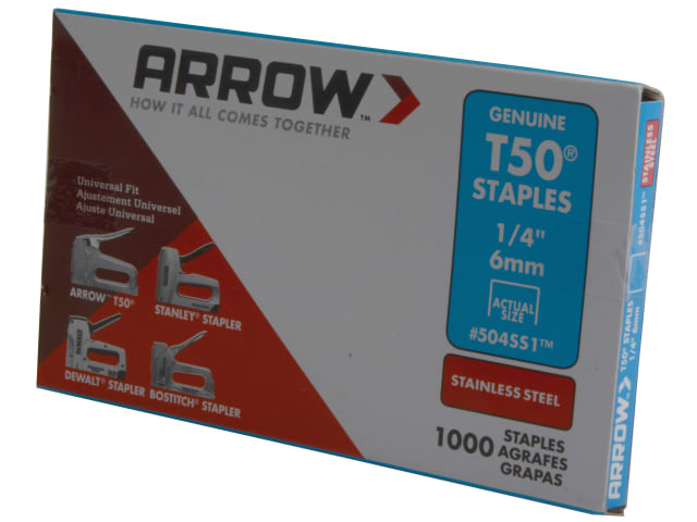 Arrow T50 Stainless Steel Staples 504SS 6mm 1/4in Box of 1000 Heavy-Duty