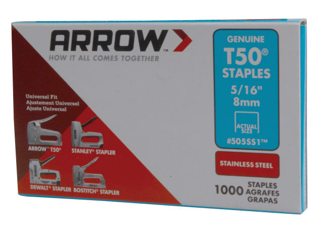 Arrow T50 Stainless Steel Staples 505SS 8mm 5/16" Box of 1000 Heavy Duty