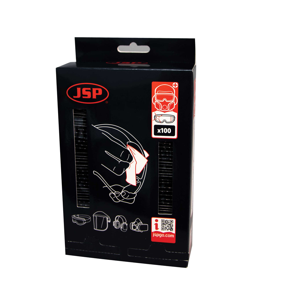 JSP Pre-Moistened PPE Wipes Box of 100 Alcohol Free Lens Cleaning Sachets