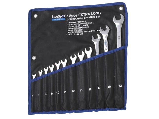 BlueSpot Tools 12 Piece Extra Long Combination Spanner Set Chrome Vanadium