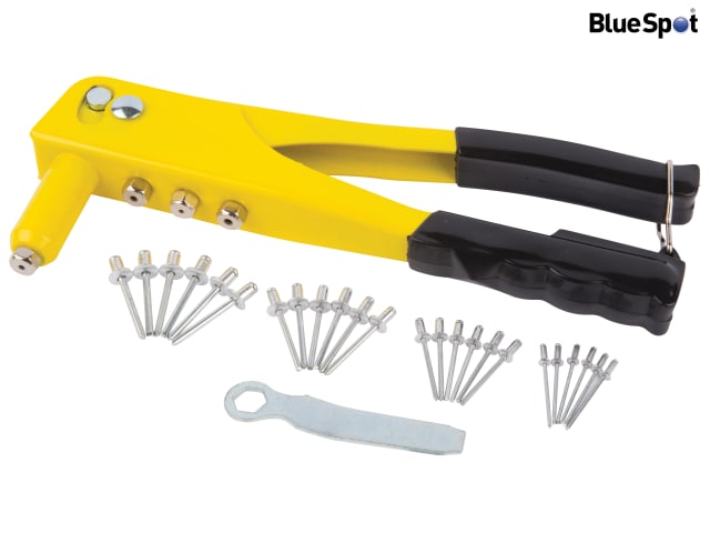 BlueSpot Hand Rivet Gun Kit with 60 Rivets and 4 Nozzle Sizes for DIY Use