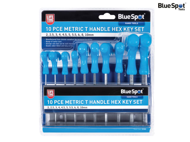 BlueSpot Tools 10 Piece Metric T-Handle Hex Key Set with Ergonomic Grip
