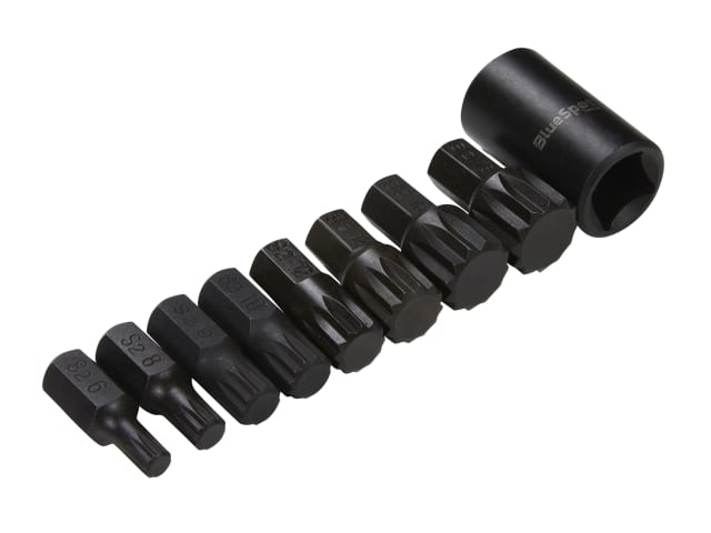 BlueSpot Tools 1/2in Impact Spline Bit Set 9 Piece S2 Steel Durable Sizes M6-M18