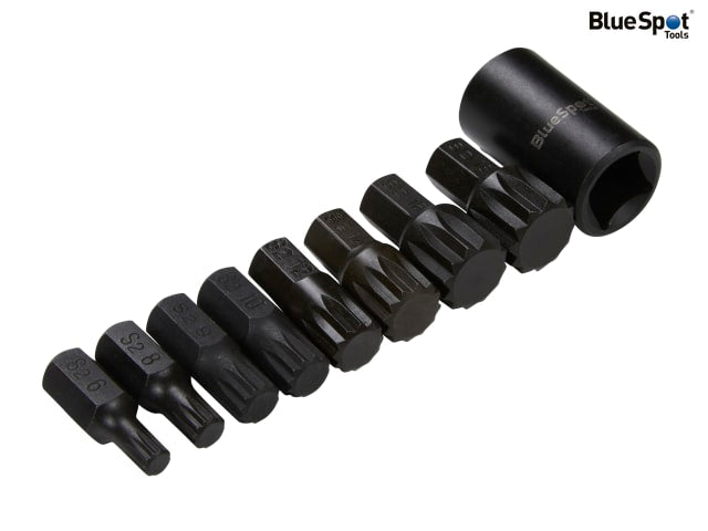 BlueSpot Tools 1/2in Impact Spline Bit Set 9 Piece S2 Steel Durable Sizes M6-M18