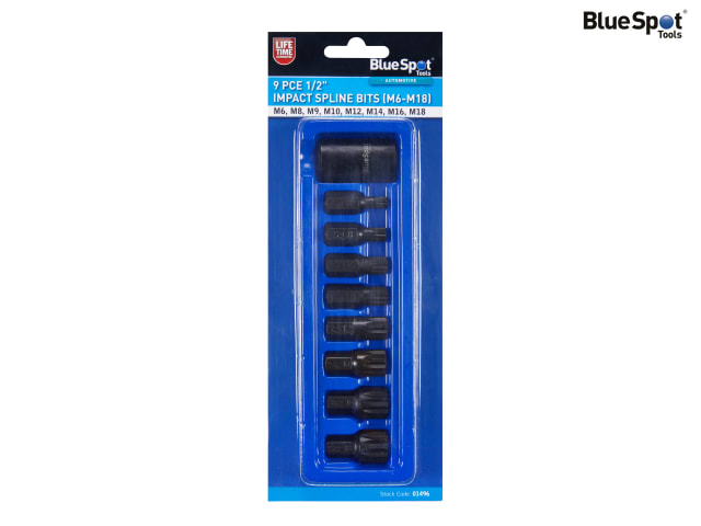 BlueSpot Tools 1/2in Impact Spline Bit Set 9 Piece S2 Steel Durable Sizes M6-M18