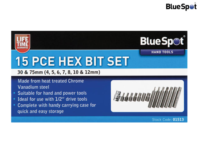 BlueSpot Tools 15 Piece Hex Bit Set with Carry Case, Chrome Vanadium Steel