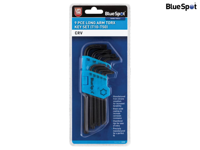 BlueSpot Tools Long Arm TORX Key Set 9 Pieces TX10-TX50 Chrome Vanadium