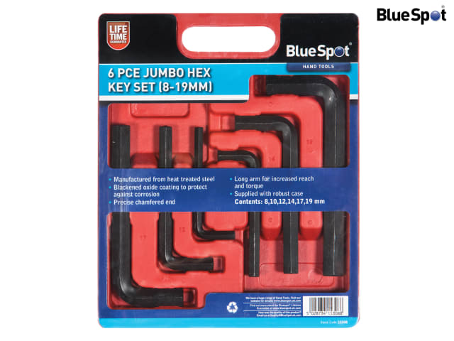 BlueSpot Jumbo Hex Key Set 6 Piece Heat Treated Steel 8-19mm with Case