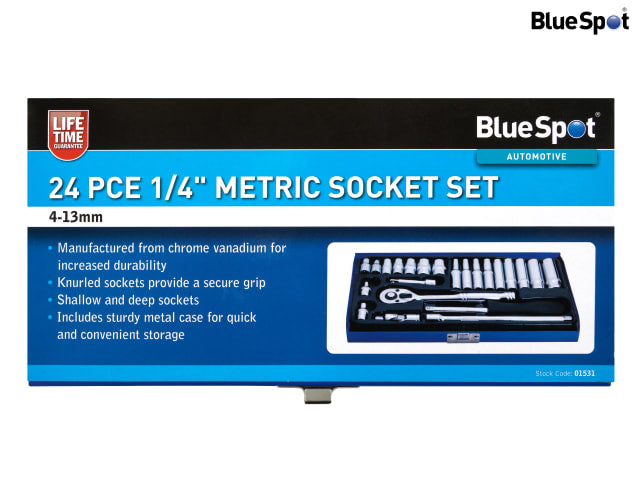 BlueSpot 24 Piece 1/4in Metric Socket Set with Ratchet and Metal Case