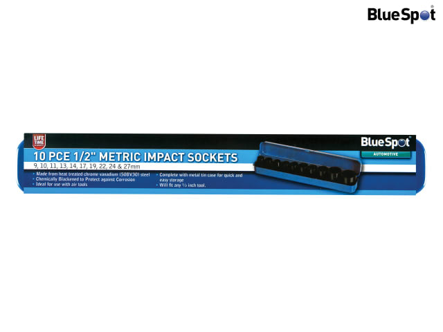 BlueSpot 1/2in Metric Impact Socket Set 9-27mm 10 Piece Chrome Vanadium Steel