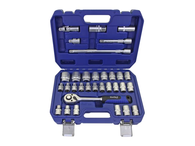 BlueSpot Tools 32 Piece 1/2in Hex & 12 Point Socket Set with Ratchet & Case