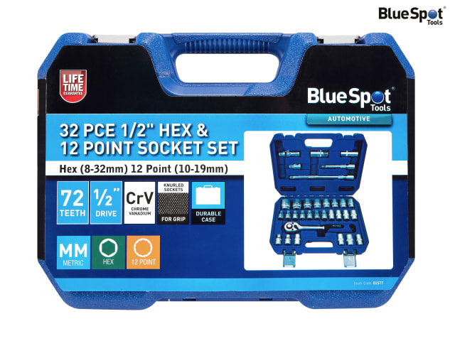 BlueSpot Tools 32 Piece 1/2in Hex & 12 Point Socket Set with Ratchet & Case
