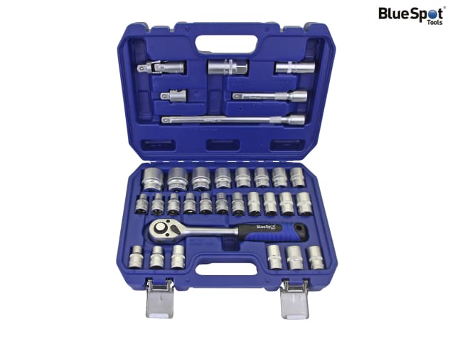 BlueSpot Tools 32 Piece 1/2in Hex & 12 Point Socket Set with Ratchet & Case