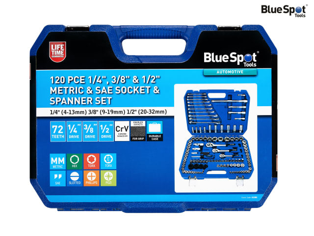 BlueSpot Tools 120 Piece Metric Socket Set 1/2in 3/8in 1/4in Chrome Vanadium