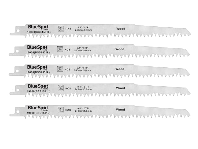 BlueSpot HCS Reciprocating Saw Blades 240mm 5 TPI Pack of 5 for Wood Cutting